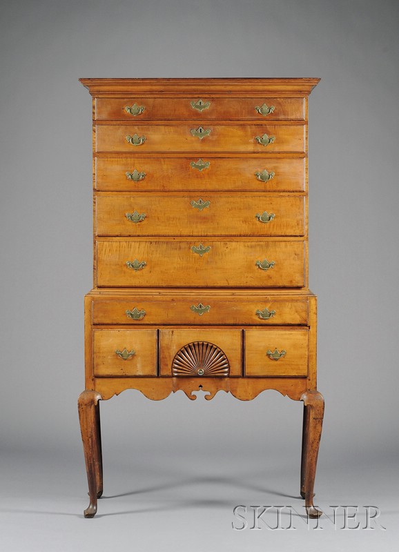 Appraisal: Queen Anne Tiger Maple Carved High Chest of Drawers probably