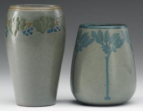 Appraisal: MARBLEHEAD Two matte gray vases one painted in blue with