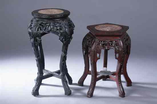 Appraisal: TWO CHINESE ELMWOOD ROUGE MARBLE INSET STANDS - Larger in