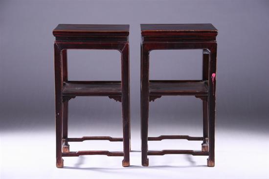 Appraisal: PAIR CHINESE BROWN LACQUERED ELMWOOD SIDE TABLES th century Shanxi