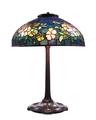 Appraisal: TIFFANY STUDIOS Table lamp with golden pansies on a lapis