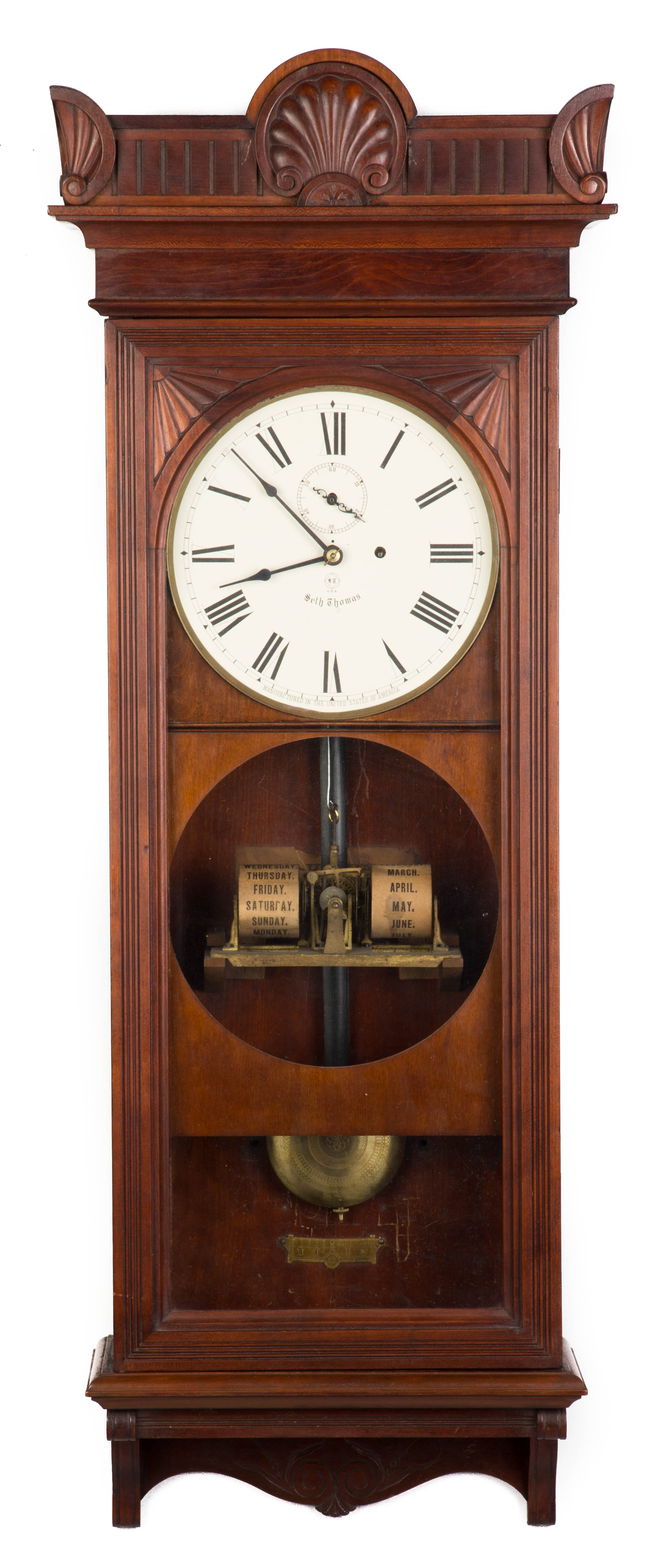 Appraisal: Seth Thomas Calendar Clock Carved cherry case Missing bottom dial