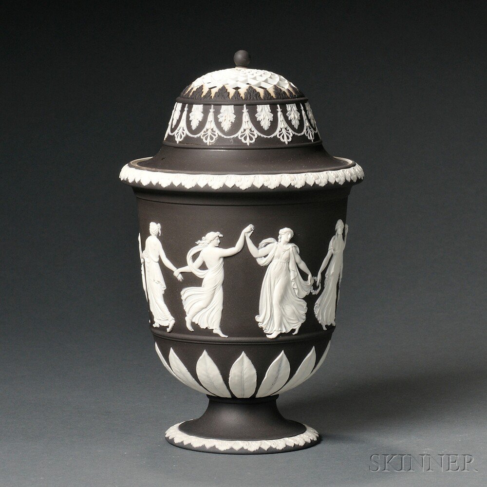 Appraisal: Wedgwood Black Jasper Dip Potpourri Vase and Covers England mid-