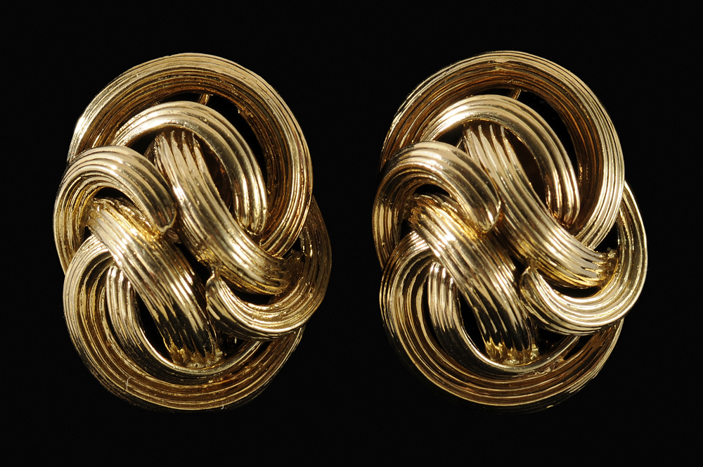 Appraisal: Pair Tiffany Gold Earrings woven knot form hinged clip closures