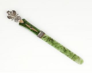 Appraisal: Faberge nephrite silver gold gem paper knife Late th early