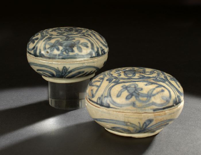 Appraisal: Two Chinese Blue and White Porcelain Covered Cosmetic Jars Ming