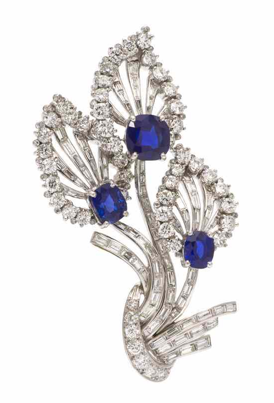 Appraisal: A Platinum Sapphire and Diamond Floral Brooch Tiffany Co containing