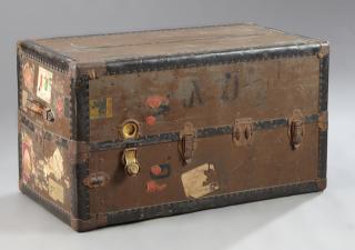 Appraisal: American Iron Brass and Leather Travel Trunk c American Iron