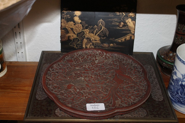 Appraisal: A CHINESE CINNABAR LACQUERED DISH an Indian brass inlaid frame