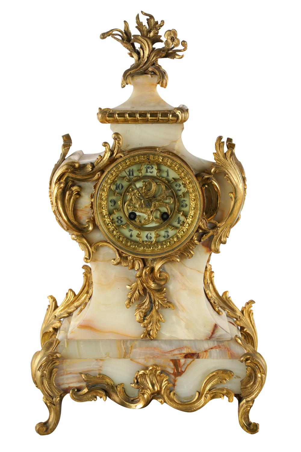 Appraisal: FRENCH GILT BRONZE-MOUNTED ONYX MANTEL CLOCKwith pendulum and detached spring