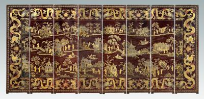 Appraisal: Chinese red lacquer and gilt screen eight panels border of