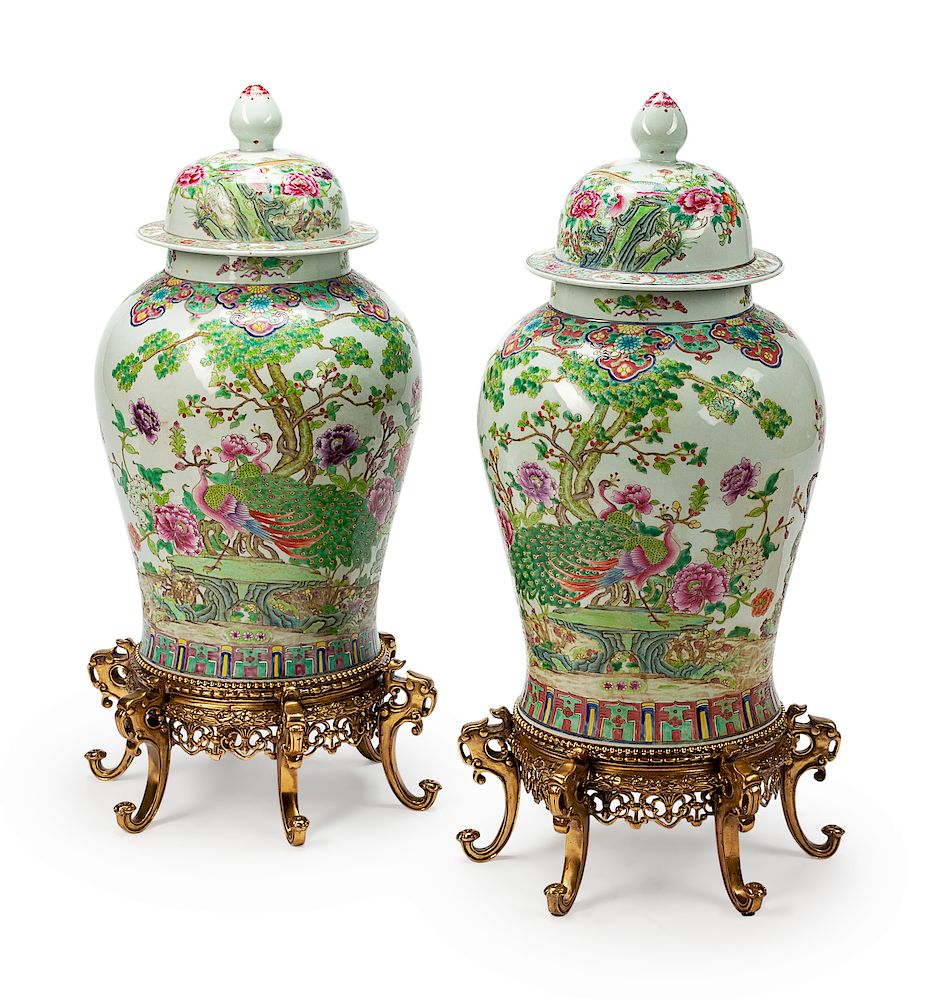 Appraisal: A Pair of Chinese Gilt Bronze Mounted Porcelain Covered Jars