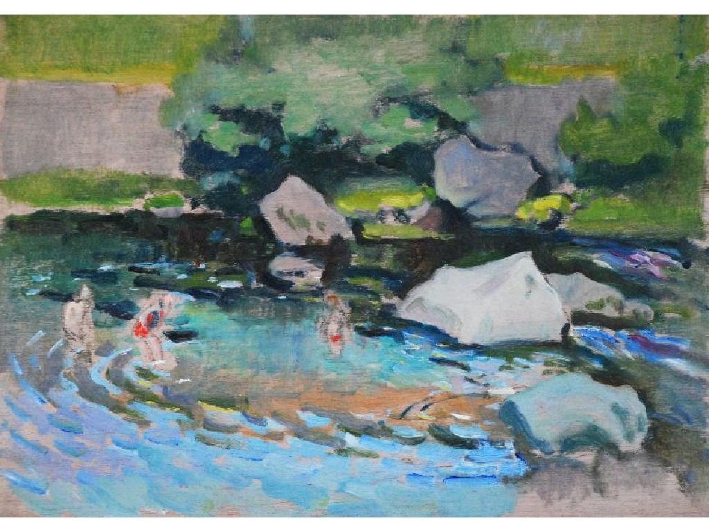 Appraisal: HARRY RUTHERFORD - OIL PAINTING ON PANELChildren bathing in a