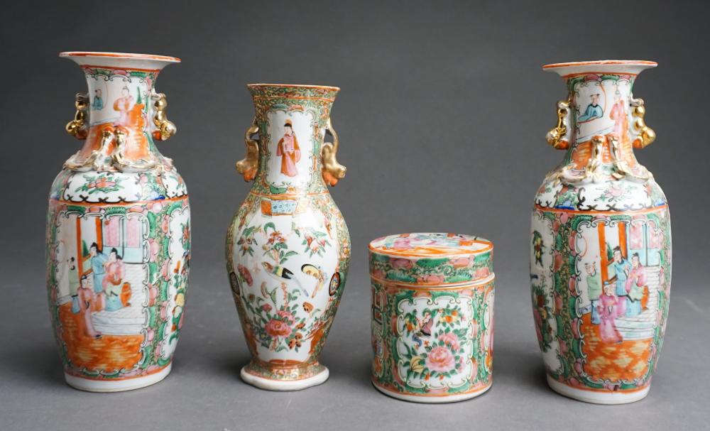 Appraisal: Three Chinese Rose Medallion Vases and Round Covered Box H