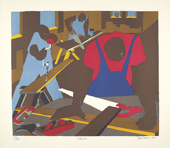 Appraisal: JACOB LAWRENCE Carpenters Offset color lithograph x mm x inches