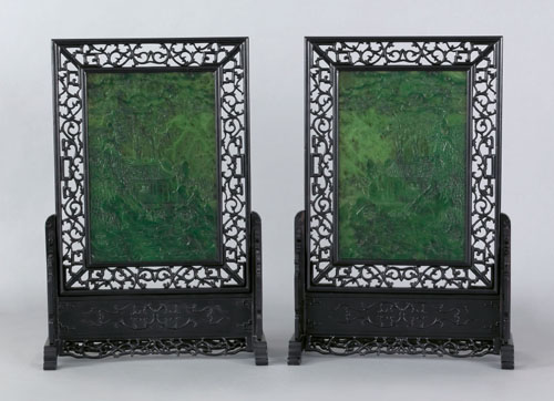 Appraisal: Pair of large Chinese spinach jade screens each depicting a