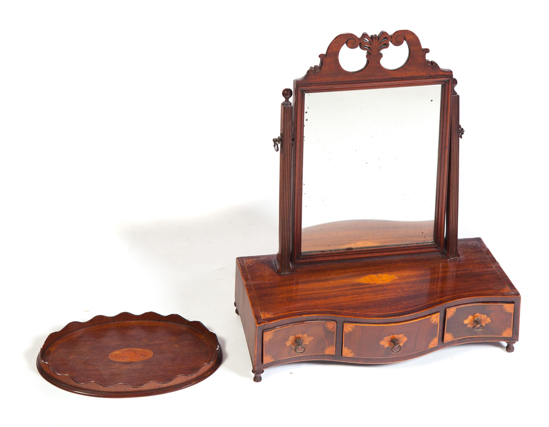 Appraisal: ENGLISH INLAID SHAVING MIRROR AND TRAY Nineteenth century mahogany and