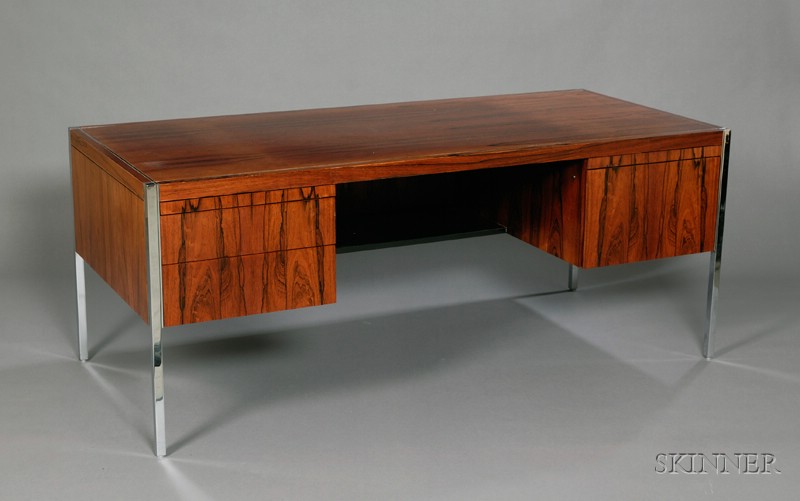 Appraisal: Three-Drawer Desk Attributed to Knoll Chromed metal and rosewood Attributed