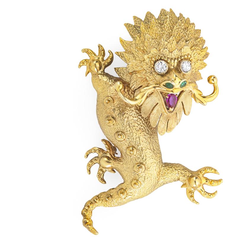 Appraisal: JEWELED K GOLD FIERCE DRAGON BROOCH Textured yellow gold cast