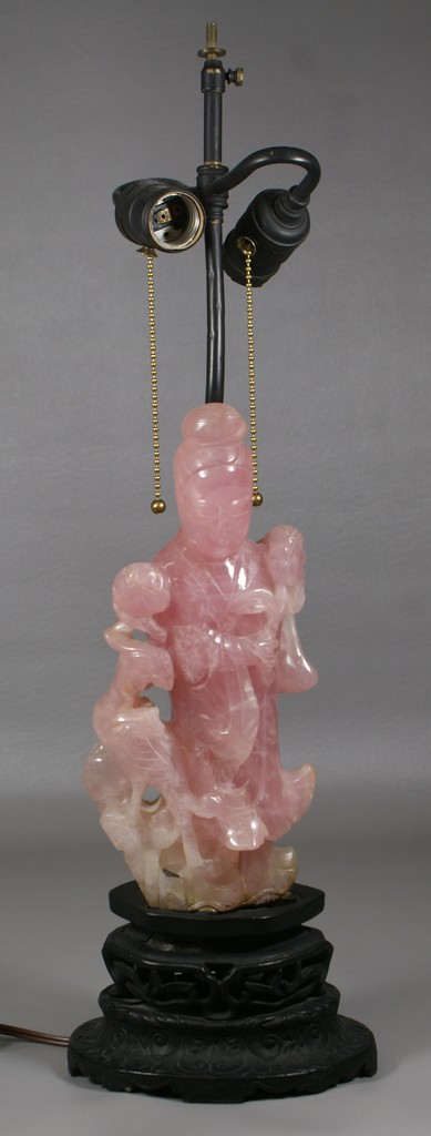 Appraisal: Large Chinese Carved Rose Quartz Figure of Guanyin and Phoenix