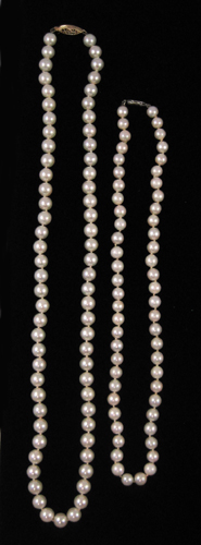 Appraisal: TWO PEARL AND FOURTEEN KARAT GOLD NECKLACES including a inch