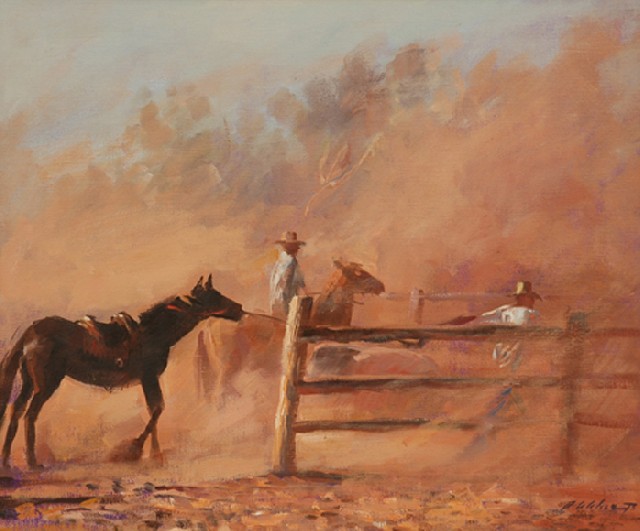 Appraisal: Bruce Fletcher born Dusty Rider oil on canvasboard signed and