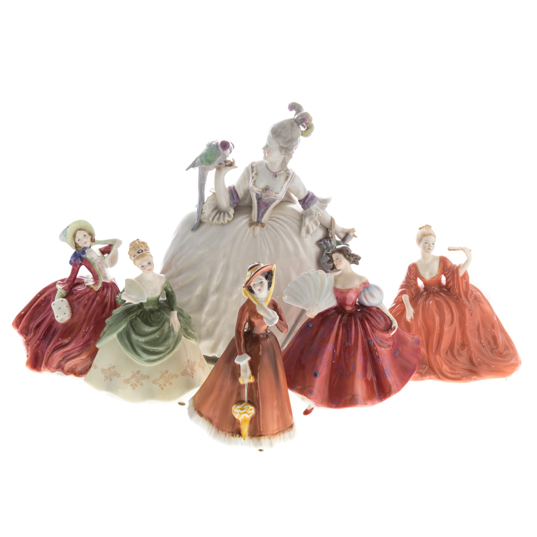 Appraisal: Six porcelain figures of ladies including Derby china woman in