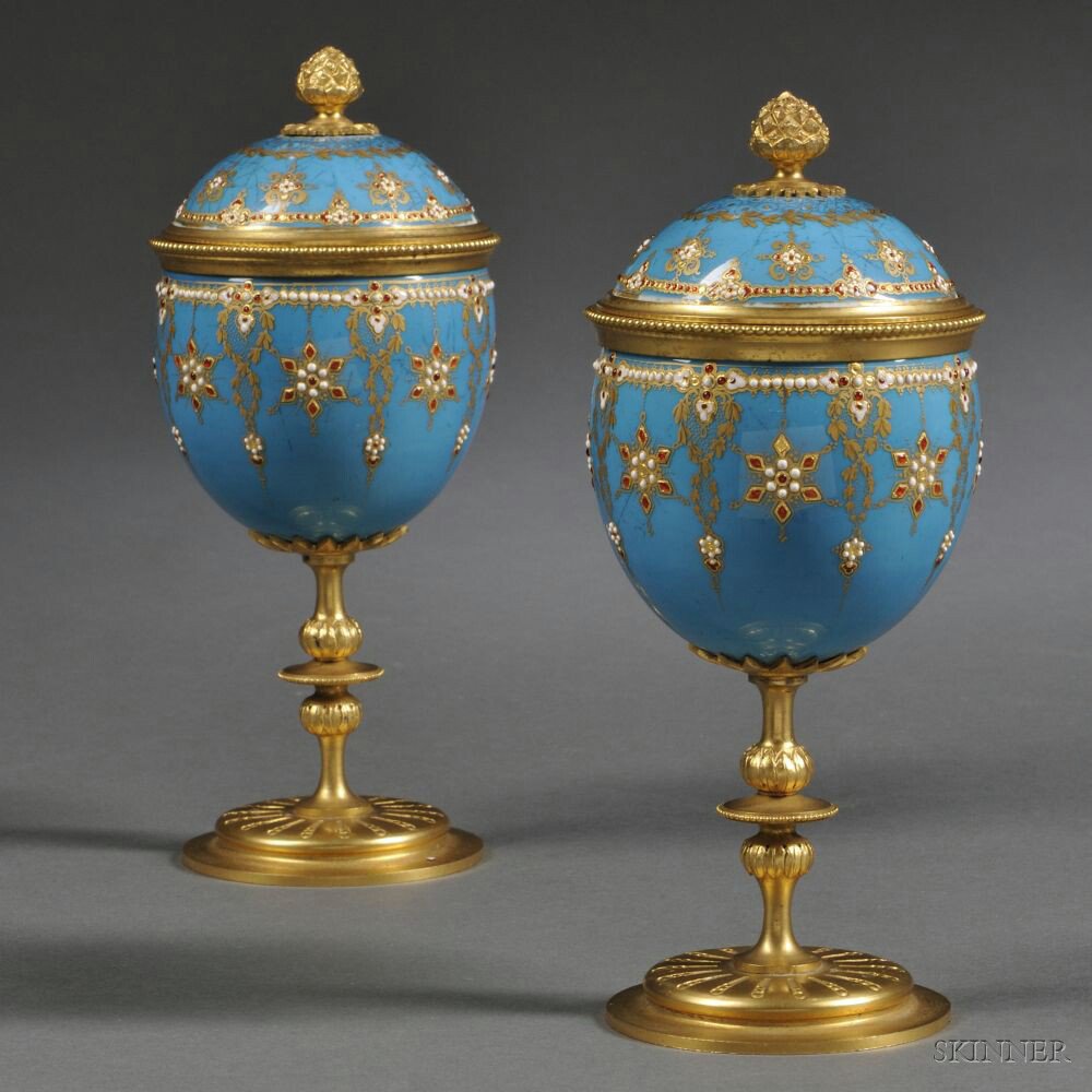 Appraisal: Pair of Ormolu-mounted Porcelain Covered Cups France th century each