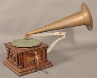 Appraisal: Oak Case Columbia Disc Graphophone With brass horn Case measures