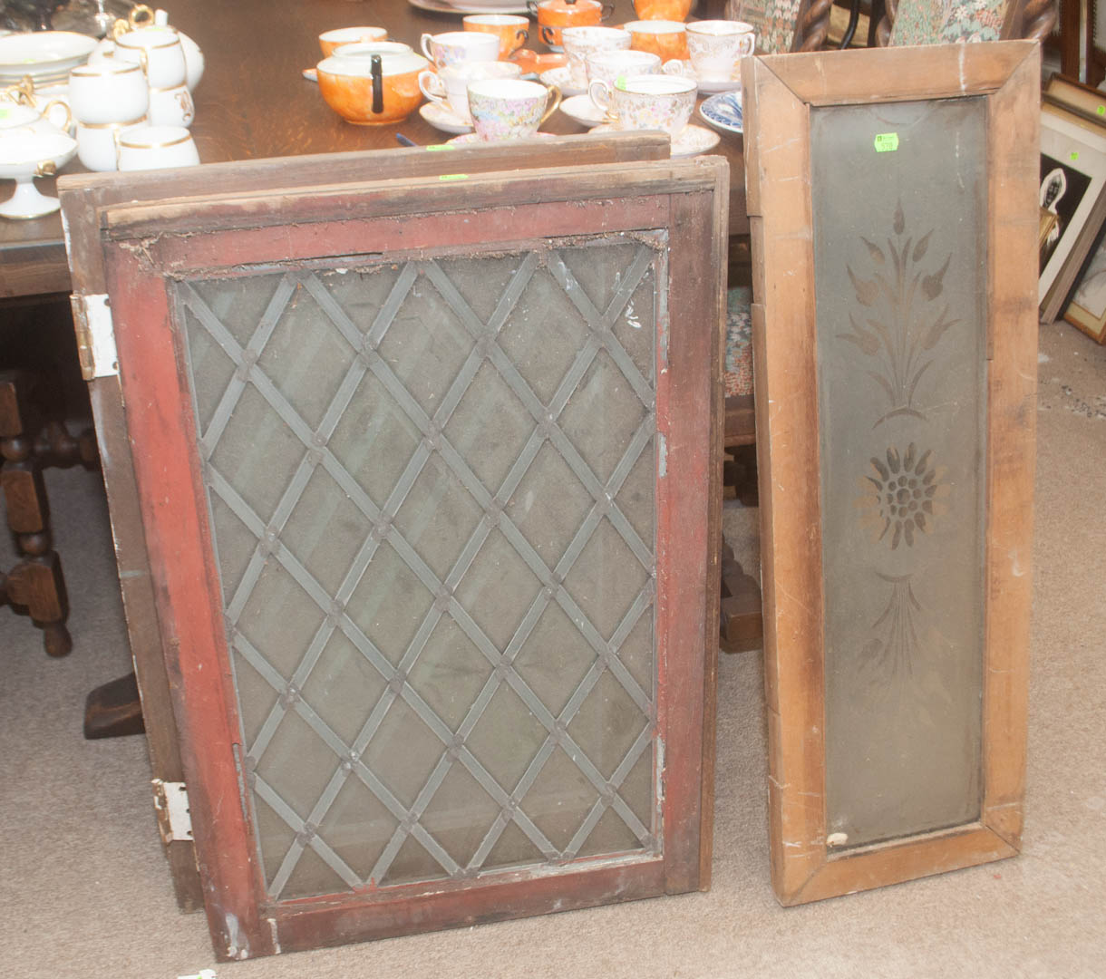 Appraisal: Two leaded and one etched glass panels