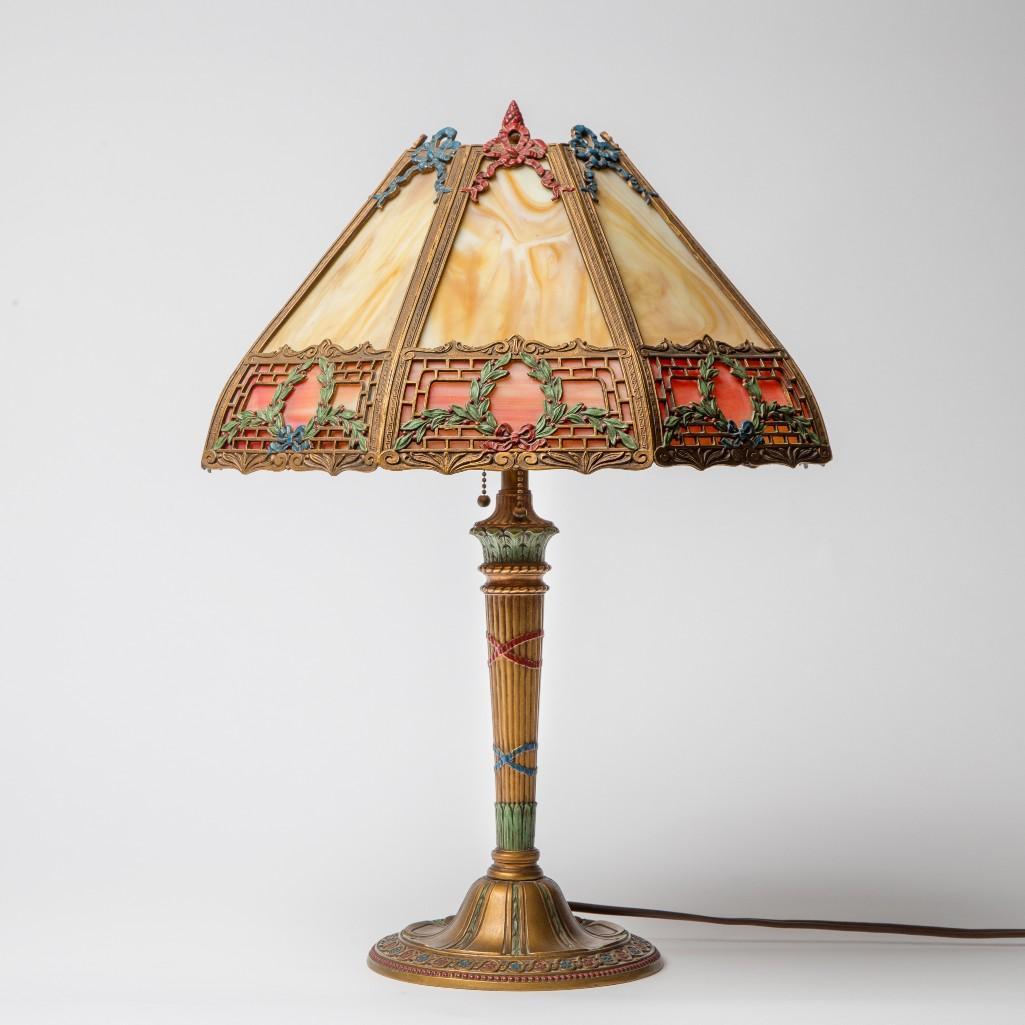 Appraisal: AN AMERICAN SLAG GLASS AND GILT METAL LAMP Strongly in