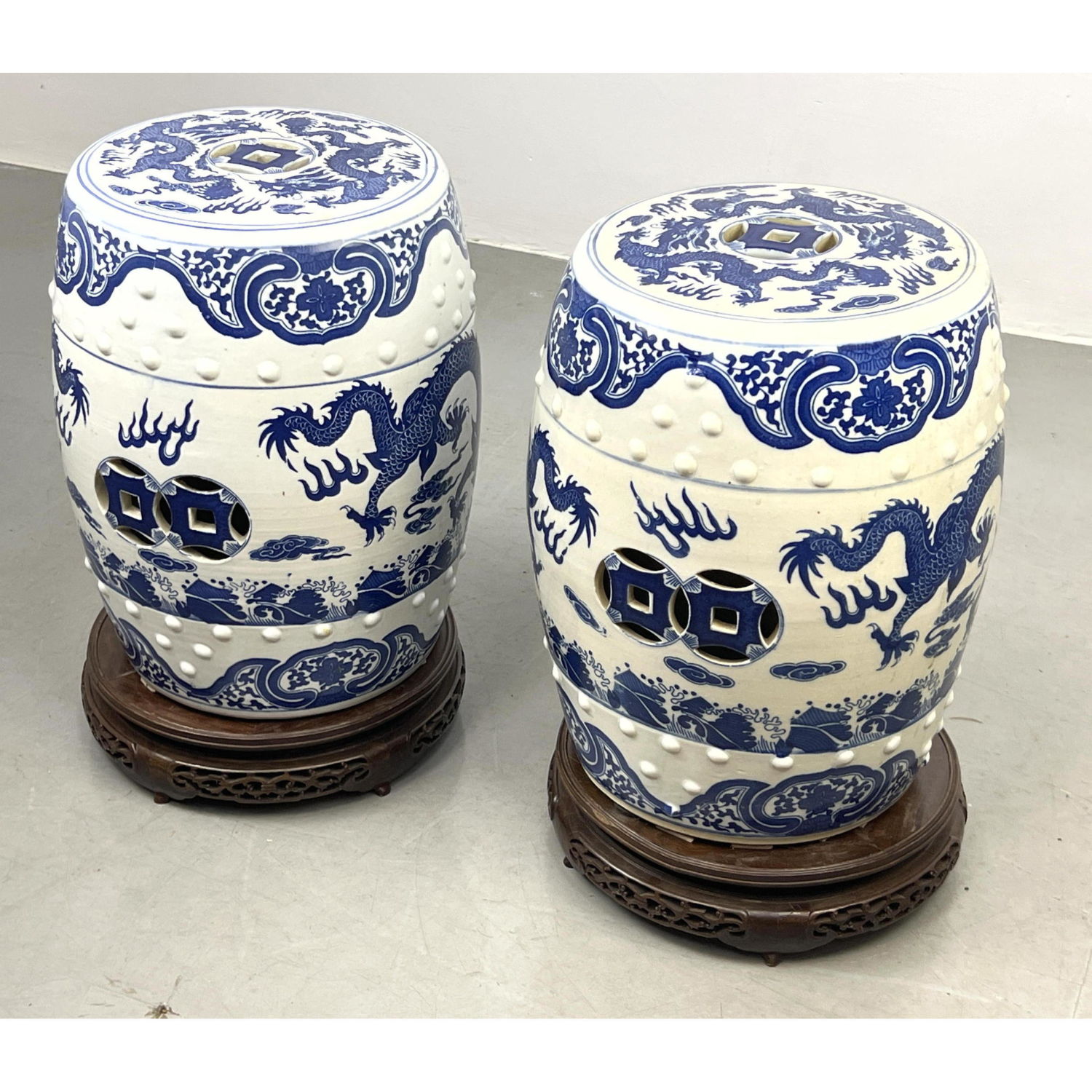 Appraisal: Pr Blue and White Glazed Pottery Garden Stools Wood Stands