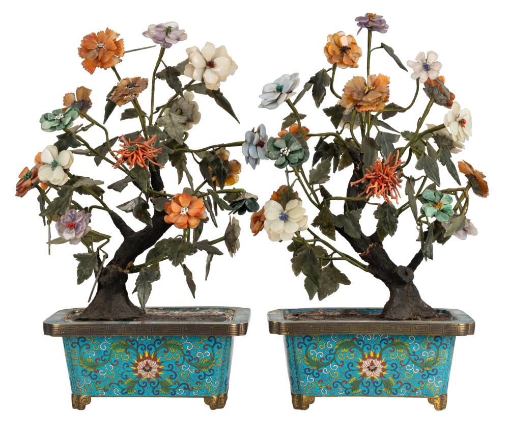 Appraisal: PAIR OF CHINESE MINERAL TREESeach in a cloisonne planter Provenance