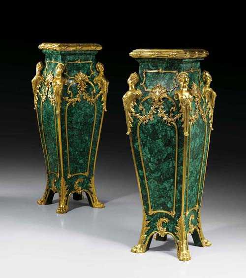 Appraisal: PAIR OF MALACHITE AND GILT BRONZE PEDESTALS AUX ESPAGNOLETTES Louis