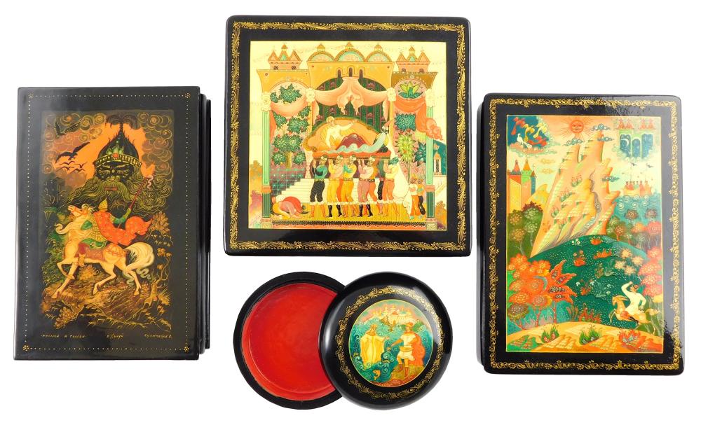 Appraisal: Russian hand-painted lacquer boxes four fairy-tale themed all signed or