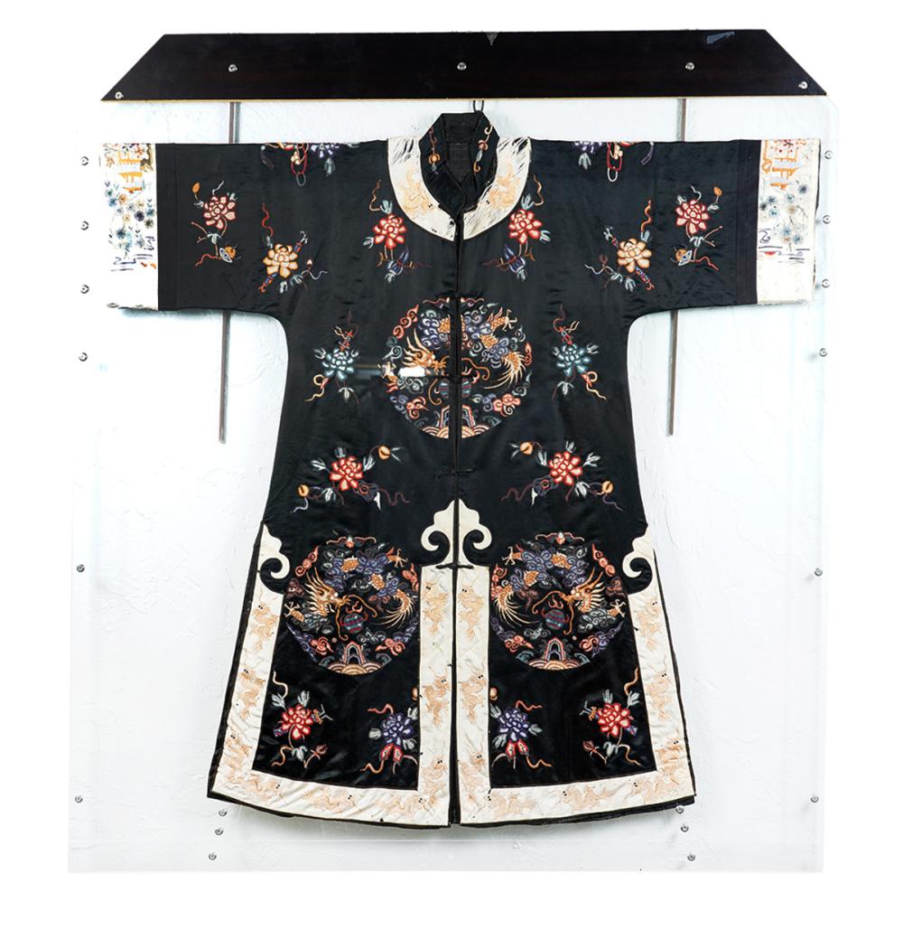 Appraisal: CHINESE SILK ROBE WITH DRAGON MOTIFPossibly th Century silk robe