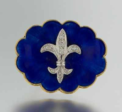 Appraisal: A Blue Enamel and Diamond Fleur De Lys Brooch Signed