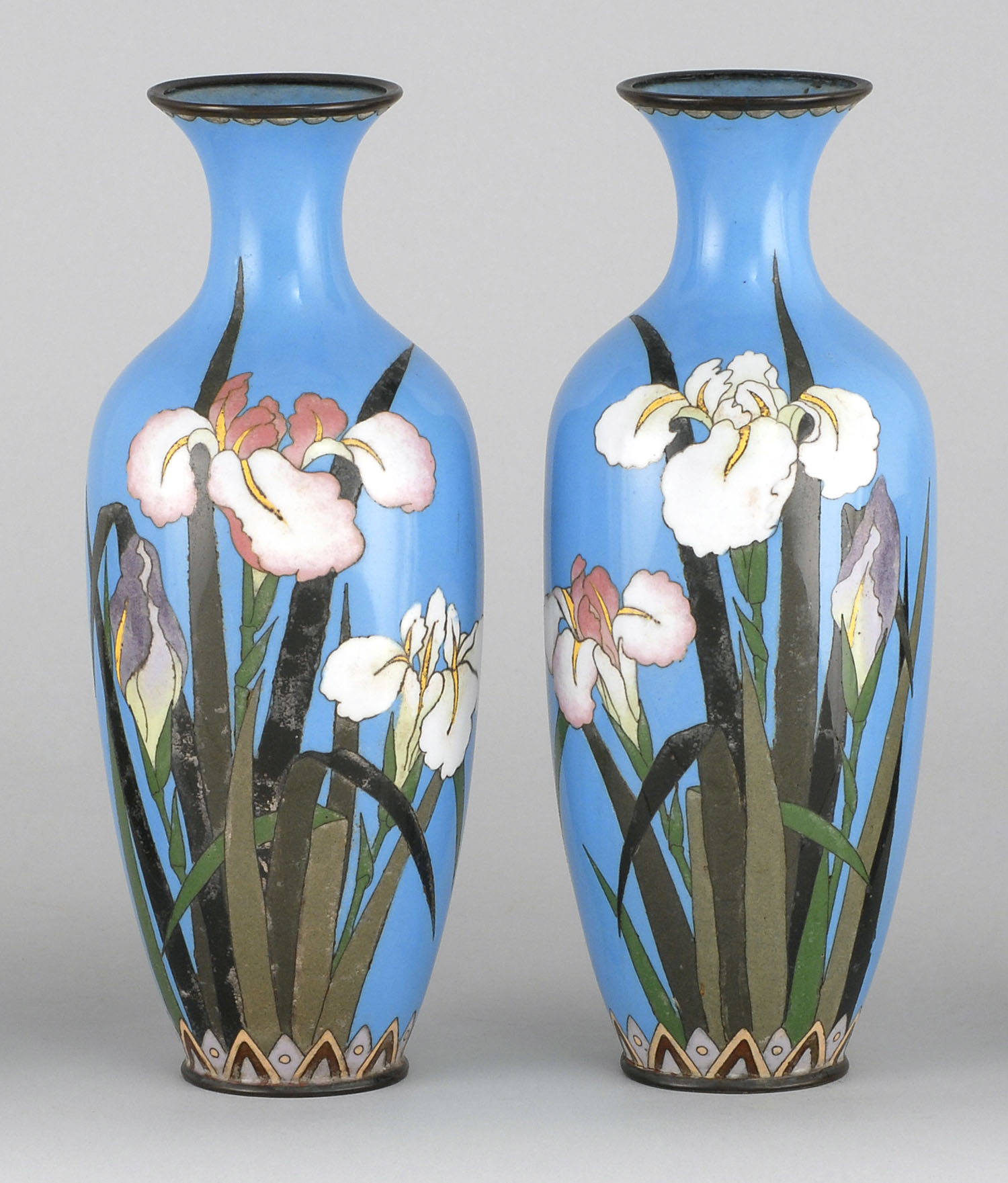 Appraisal: PAIR OF CLOISONN ENAMEL VASES Meiji PeriodWith iris and butterfly