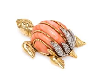 Appraisal: An Karat Yellow Gold Platinum Coral and Diamond Turtle Brooch