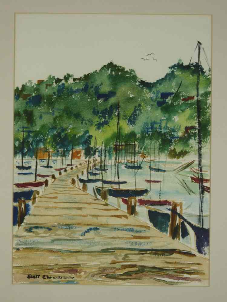 Appraisal: WATERCOLOR - Pier with sailboats and tree line signed ll