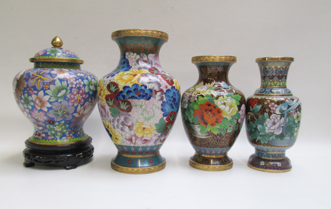 Appraisal: FOUR CHINESE CLOISONNE VESSELS lidded jar with colorful floral motif