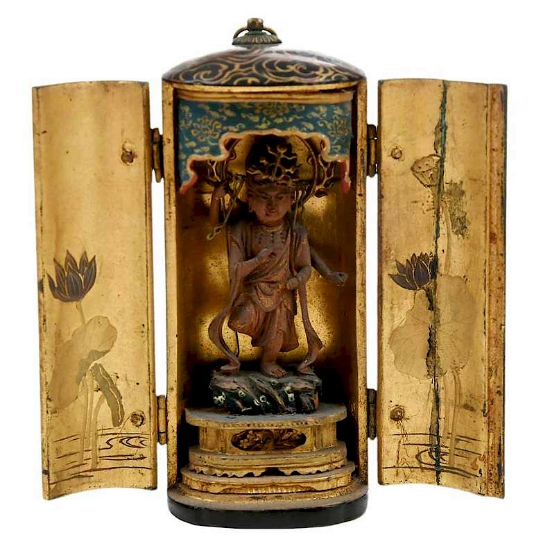 Appraisal: Traveling Buddhist Shrine Japanese th century standing Bodhisattva gilt detailed