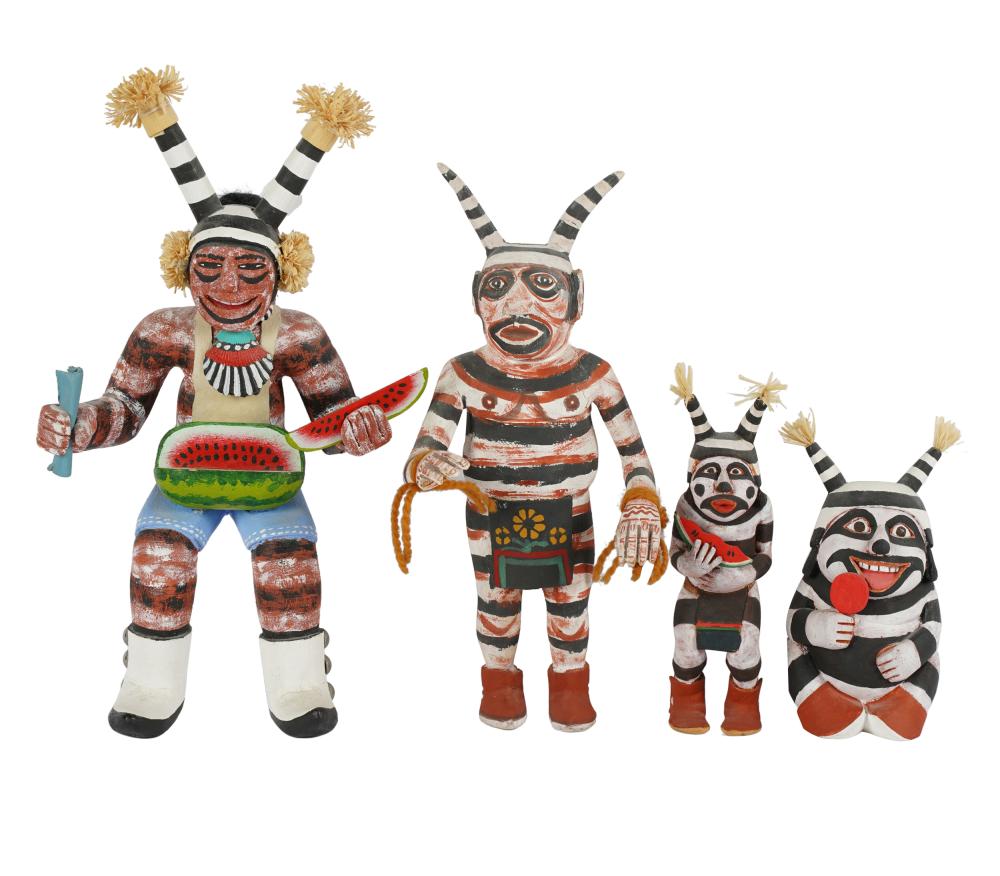 Appraisal: FOUR PAINTED WOOD KACHINA FIGURESone signed F Healing carved seated