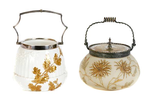 Appraisal: A Crown Milano enameled glass and silverplate biscuit barrel together