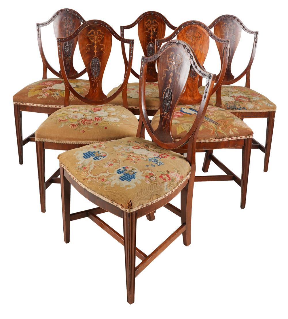 Appraisal: SET OF SIX HEPPLEWHITE-STYLE DINING SIDE CHAIRSmahogany the relief-carved shield