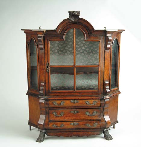 Appraisal: TH CENTURY DUTCH MINIATURE WALNUT DISPLAY CABINET Molded and shaped