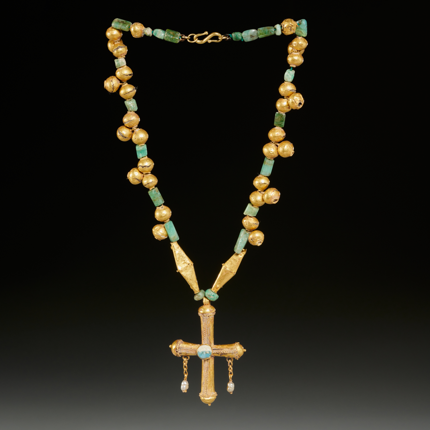 Appraisal: BYZANTINE GOLD AND EMERALD CROSS NECKLACE Likely c th- th