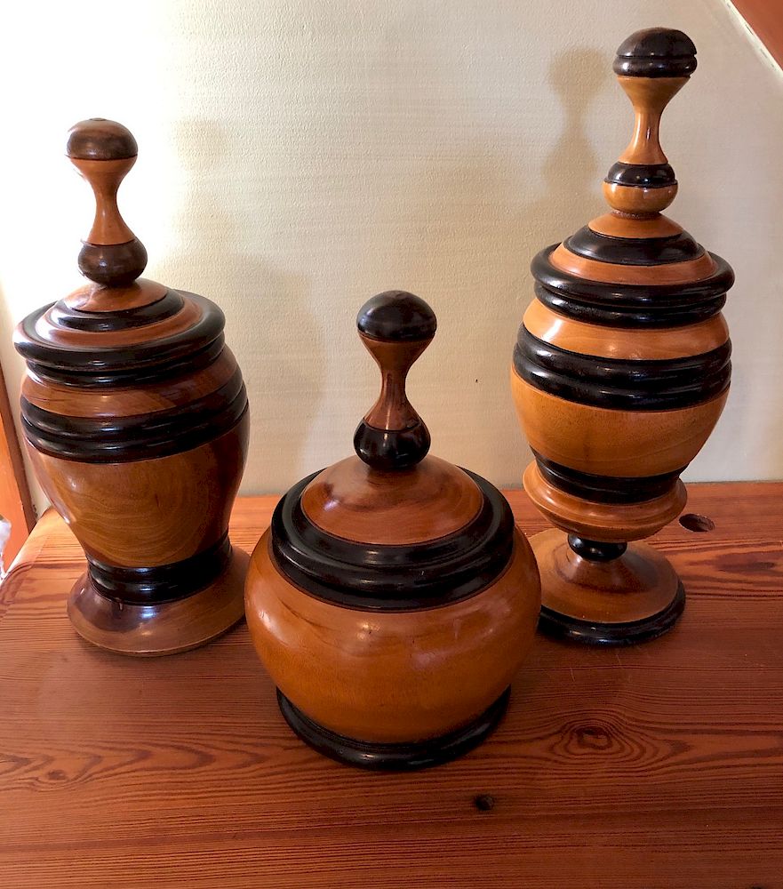 Appraisal: Group of Three Treenware Covered Vessels with Painted Bands Exclusive