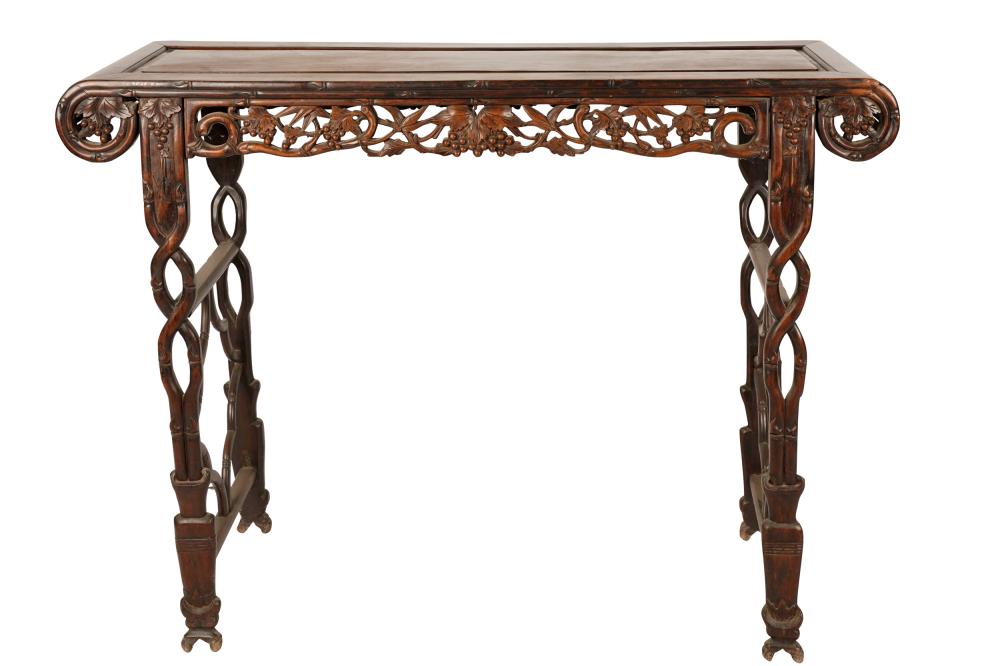 Appraisal: CHINESE CARVED HARDWOOD ALTAR TABLEwith fruit and bamboo motif carved