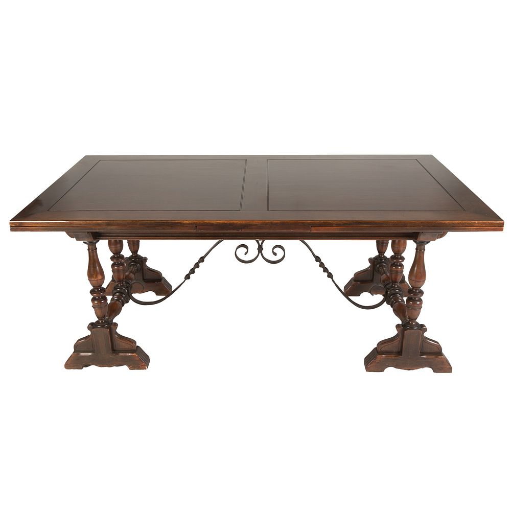 Appraisal: Renaissance Style Mixed Wood Draw Leaf Table With wrought iron